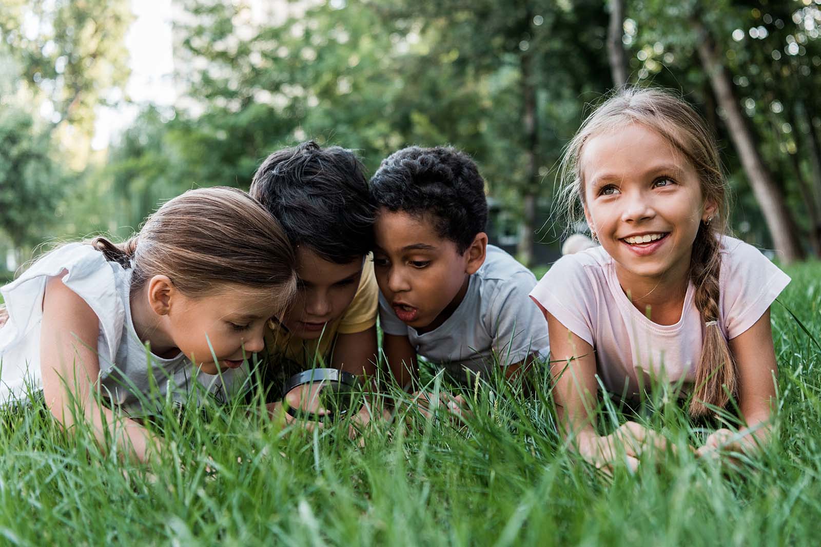 Group Of Kids Exploring In The Grass